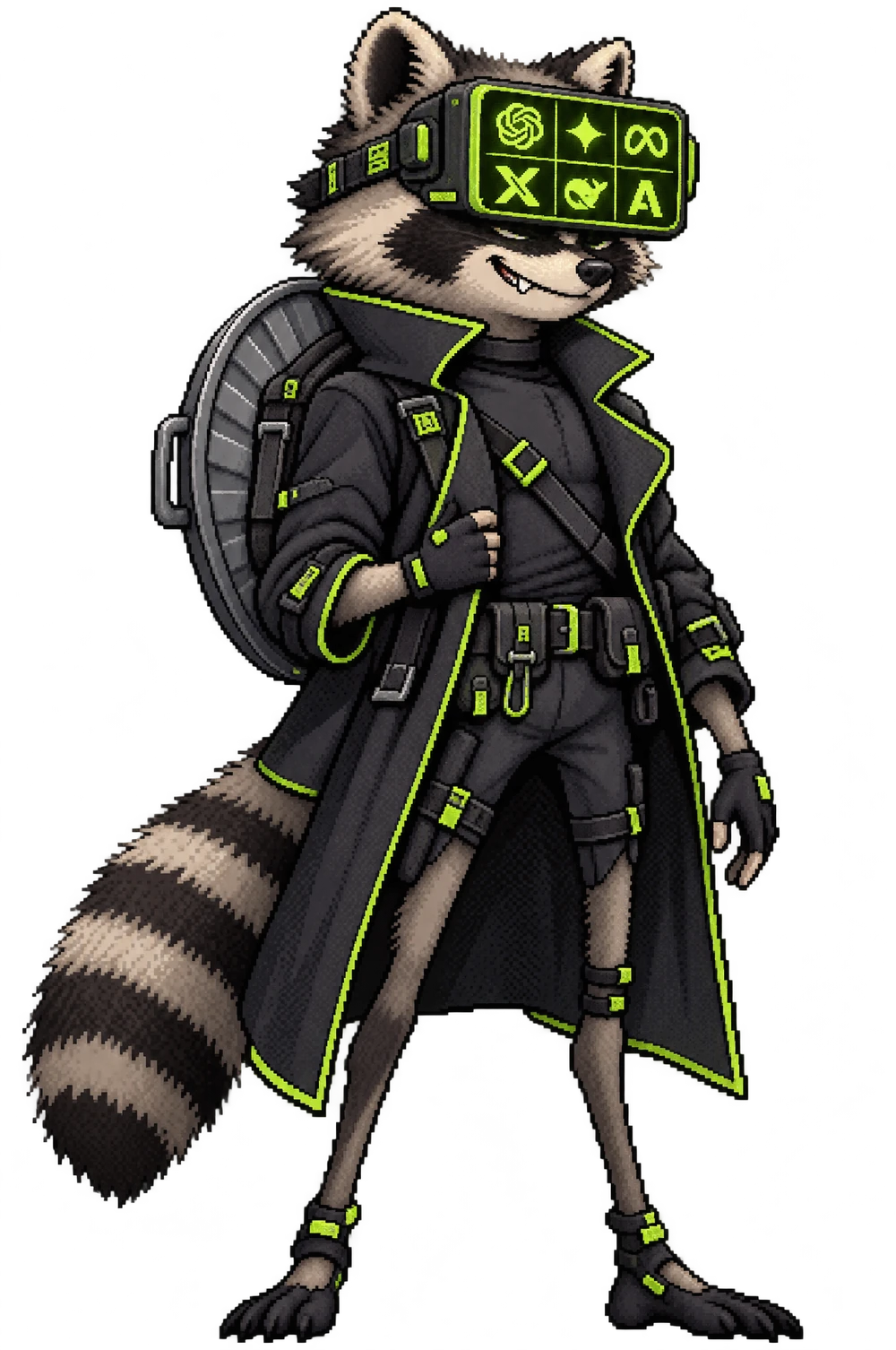 Agent Jimothy, a pixel-art raccoon in a trench coat wearing a CRT visor full of AI logos